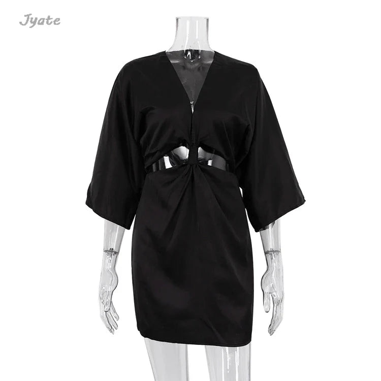 Flare Sleeve Satin Women Summer Dress Deep V-neck Hollowe Out Fashion Party Club Short Dresses Luxury Simple Slim Beach Vestidos black