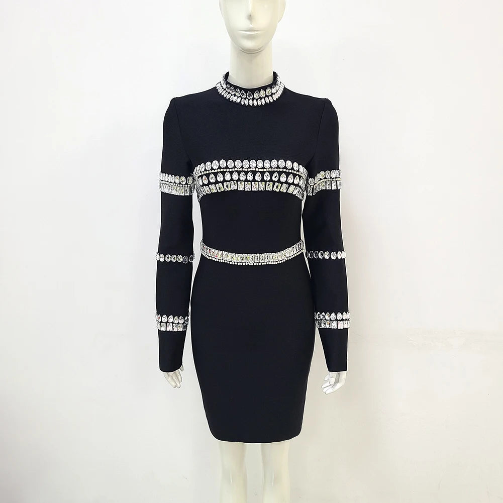 STOCK New Winter High Quality Sparkling Diamonds Half High Collar Black Mini Bandage Dress Fashion Woman Evening Party Outfit