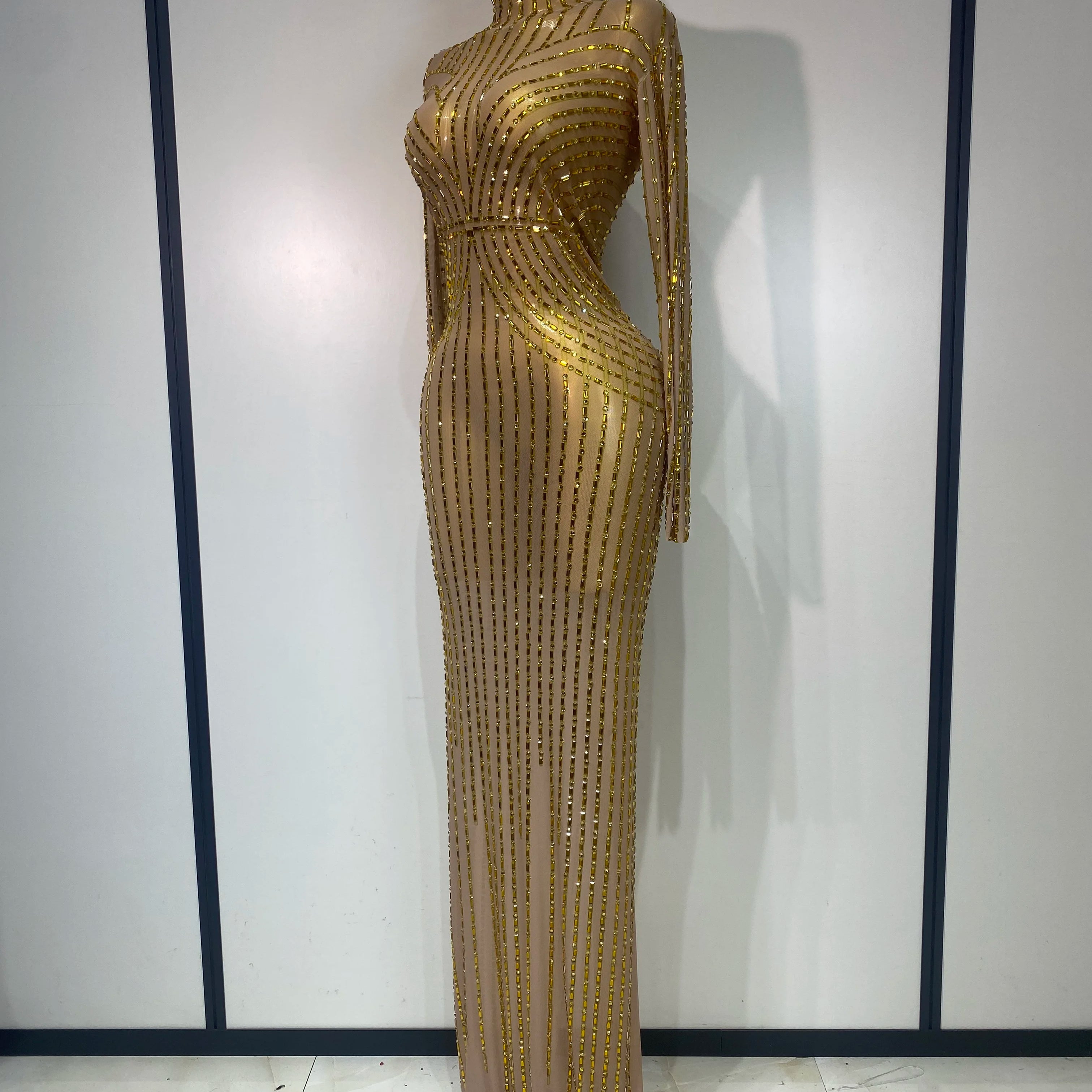 Sexy Long Sleeve Mesh See Through Gold Silver Maxi Dress Evening Party Singer Costume Stage Performance Luxury Birthday Dress