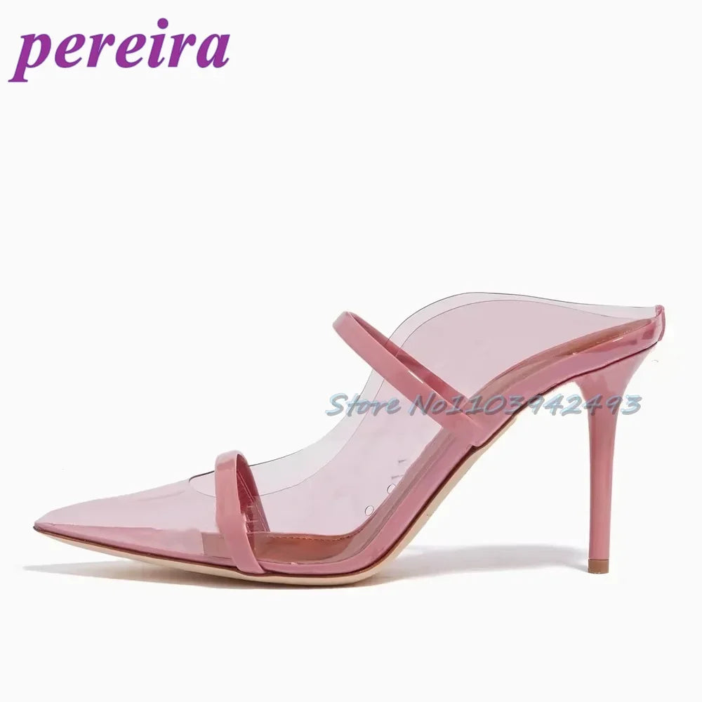 Transparent Blue PVC Sandalias De Mujer Pointed Toe Heeld Sandals Shallow Strappy Heels Women Luxury Designer Shoes 2025 Mules