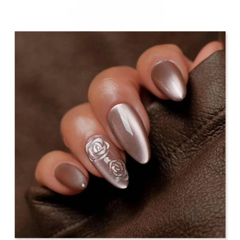 24pcs 3D Rose Brown Cat Eyes Press on Nails Simple Nails Full Cover Wearable False Nails