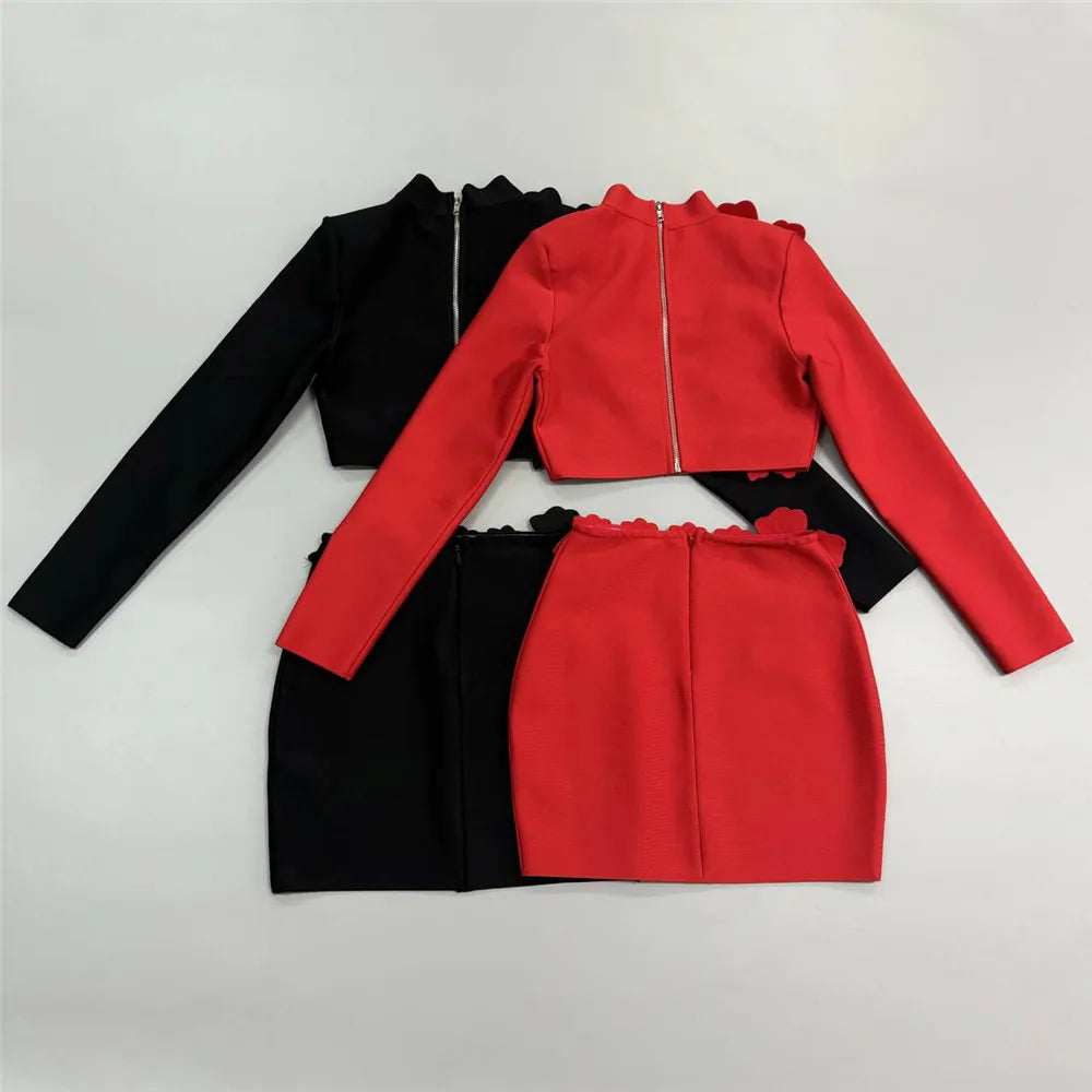 Women's Heavy Industry Nail Bead Flower Short Skirt Set High Collar Long Sleeve Tight Ultra Short Top+Mini Skirt Two Piece Set