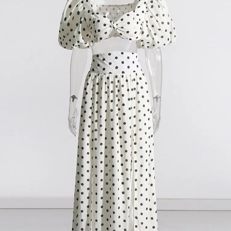 TWOTWINSTYLE elegant Polka dot two piece sets square collar puff sleeve tops high waist split skirt chic set female fashion 2023