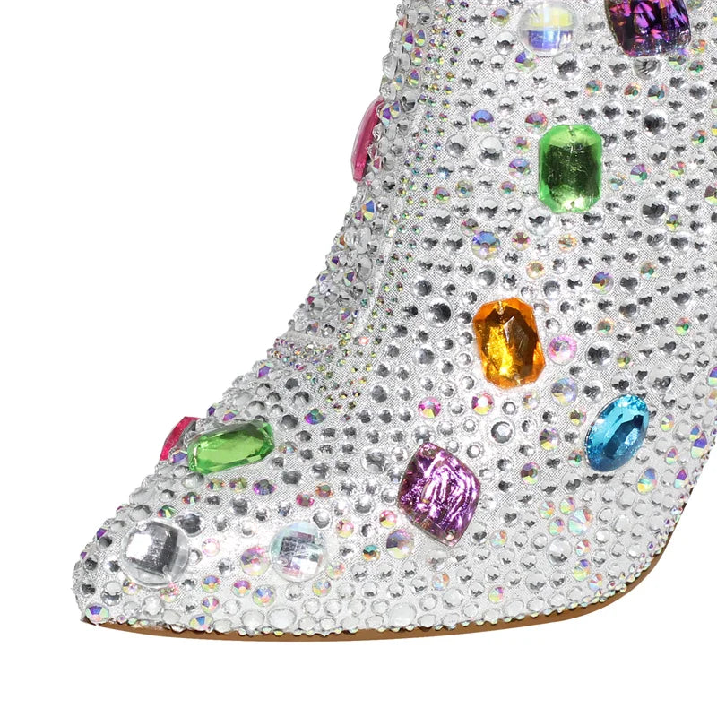 Onlymaker Women Rhinestones Ankle Boots Pointed Toe Zipper Luxury Bling Party Dress Big Size Lady Booties