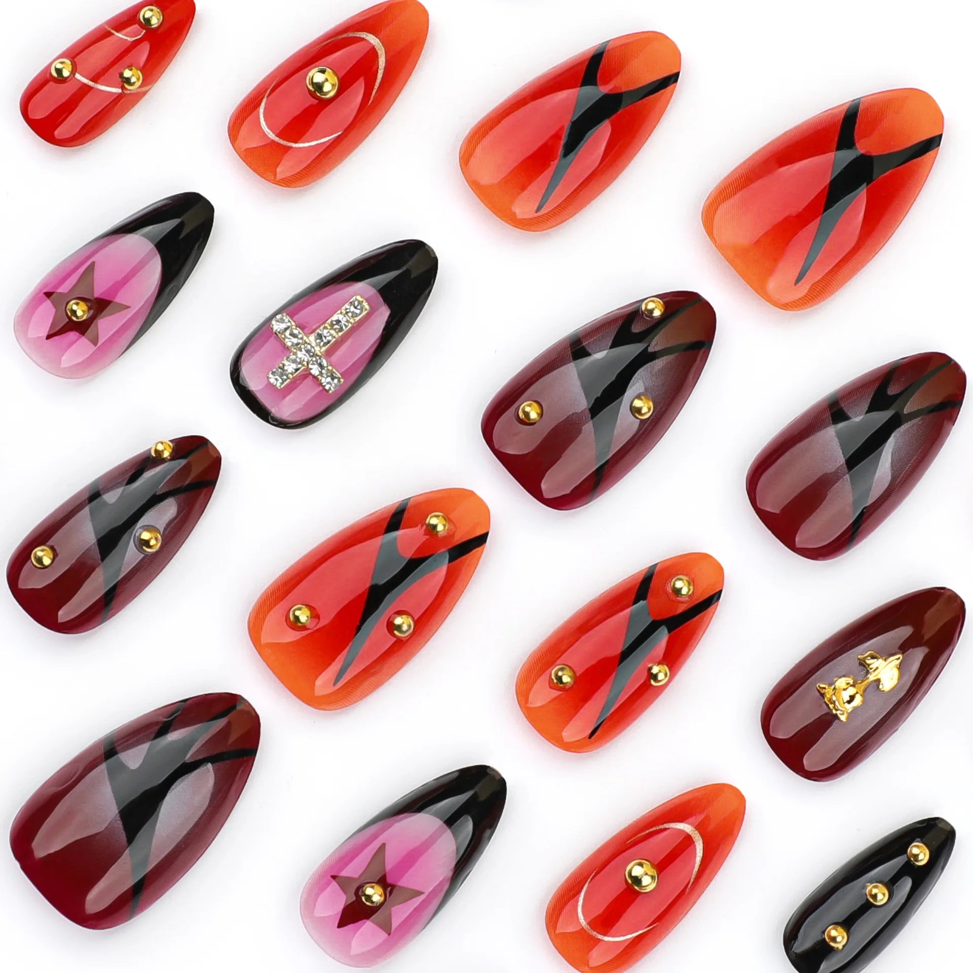 24 peças de unhas postiças de metal 3D com rosas, cobertura total, amêndoa, estilo punk gótico Spice Girls Y2K, pontas de unhas postiças