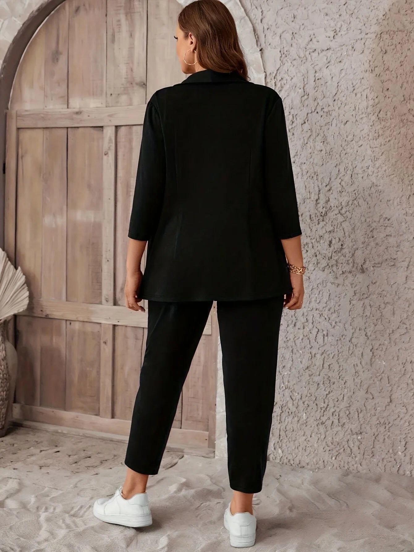 Plus Size Women's Elegant Suit Jacket Set Casual Fashion Office Lady Solid Blazers Coats Pants 2 Piece
