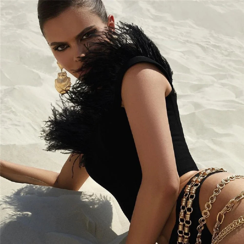 Women Sexy Feather Corset Crop Top Black White Faux Fur Trim Sleeveless Cami Top Push Up Bustiers Corsets Y2K Party Clubwear