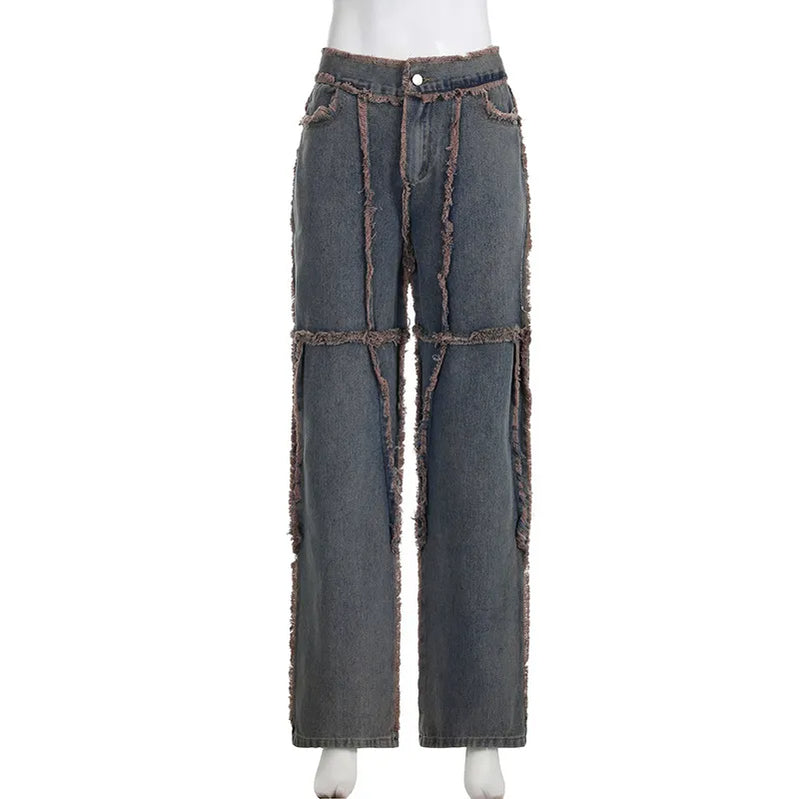Streetwear Hip Hop Spliced Women Jeans Low Rise Loose Straight Tube Floor Dragging Pants Grunge Punk High Street Denim Pants Y2K