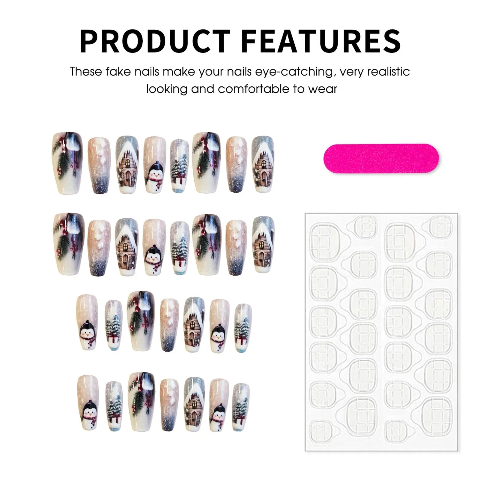 30Pcs Christmas Fake Nails With Penguin/Snowflake/Xmas Tree Designs Ballerina Press On Nails Women Year Party False Nails