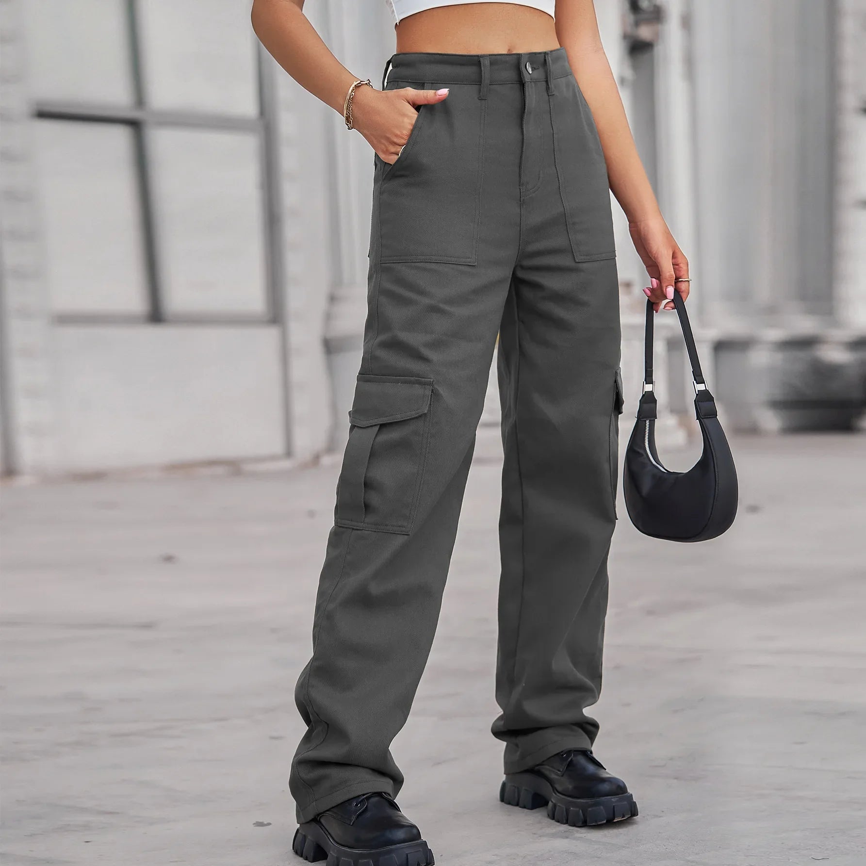 Women's trend cargo pants women New denim with semi elastic design personalized and versatile workwear pants GRAY