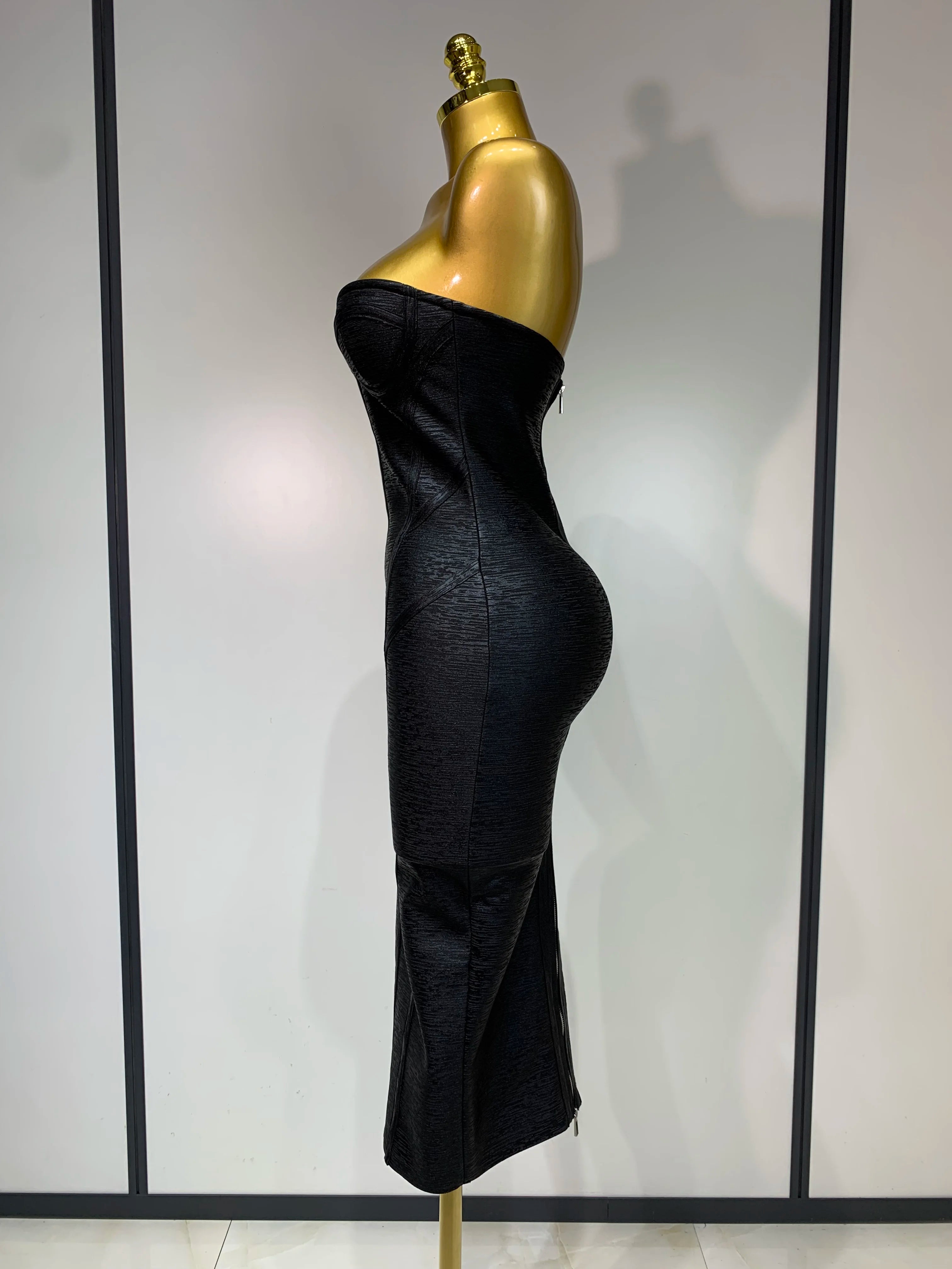 Vestido bandage bodycon preto sem alças 2025, novo vestido feminino sexy, cor de alumínio, moda para festa noturna, vestidos de aniversário luxuosos