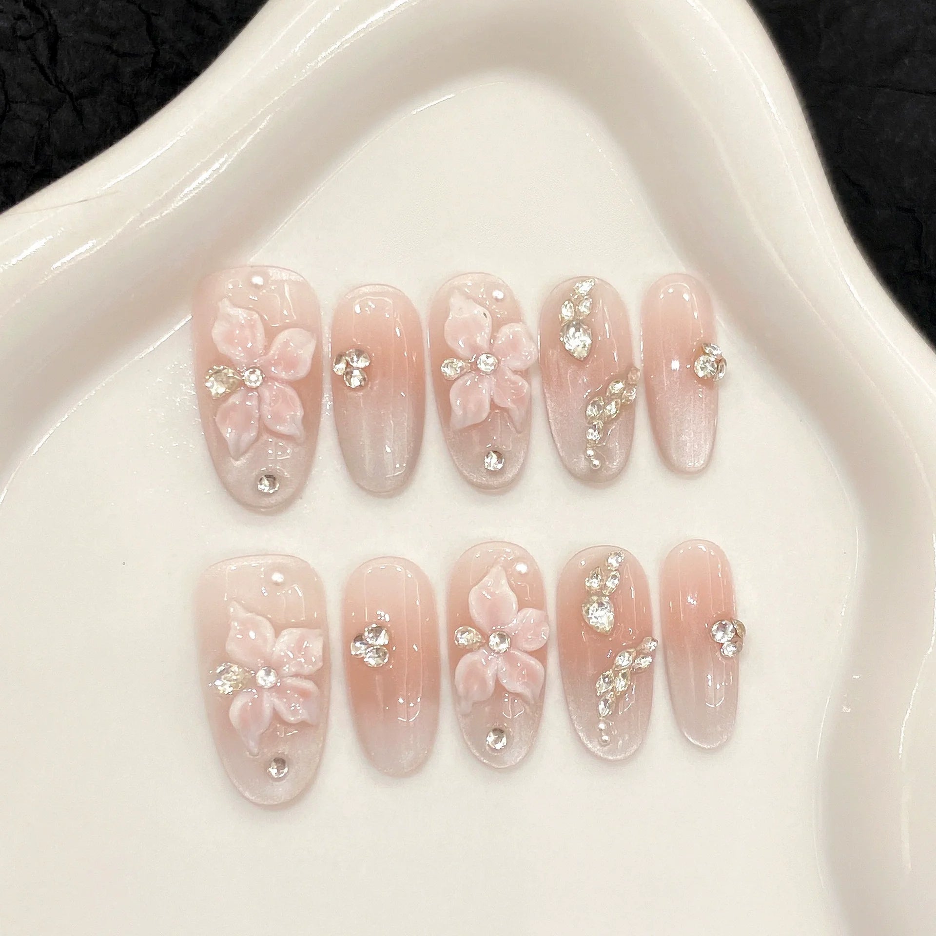 10Pcs Blue Handmade Almond Fake Nails Summer Flowers Water Ripples Fresh Nail Tips Wearable Cute Starfish Stick on Acrylic Nails