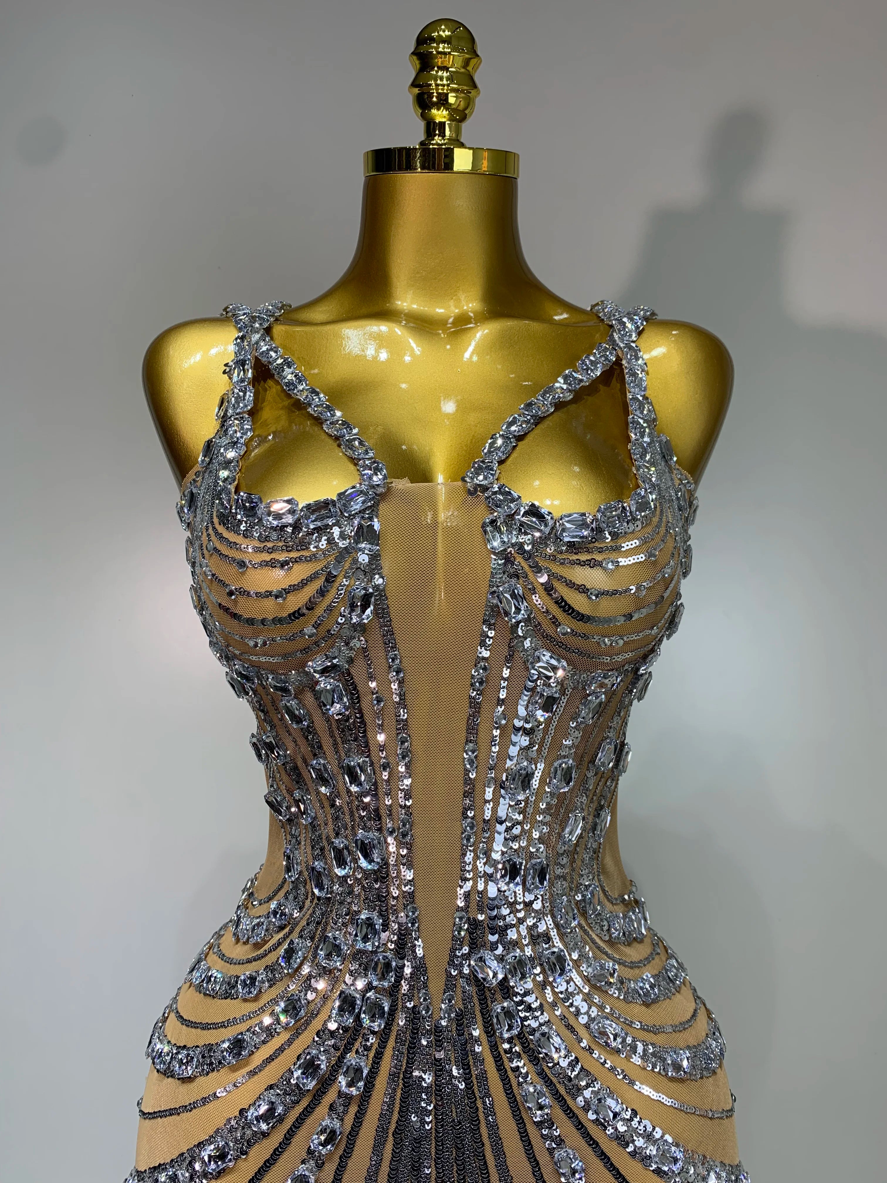 Sexy Silver Rhinestone White Mesh See Through Long Dress Women Luxury Birthday Party Prom Gown Singer Nightclub Stage Outfit