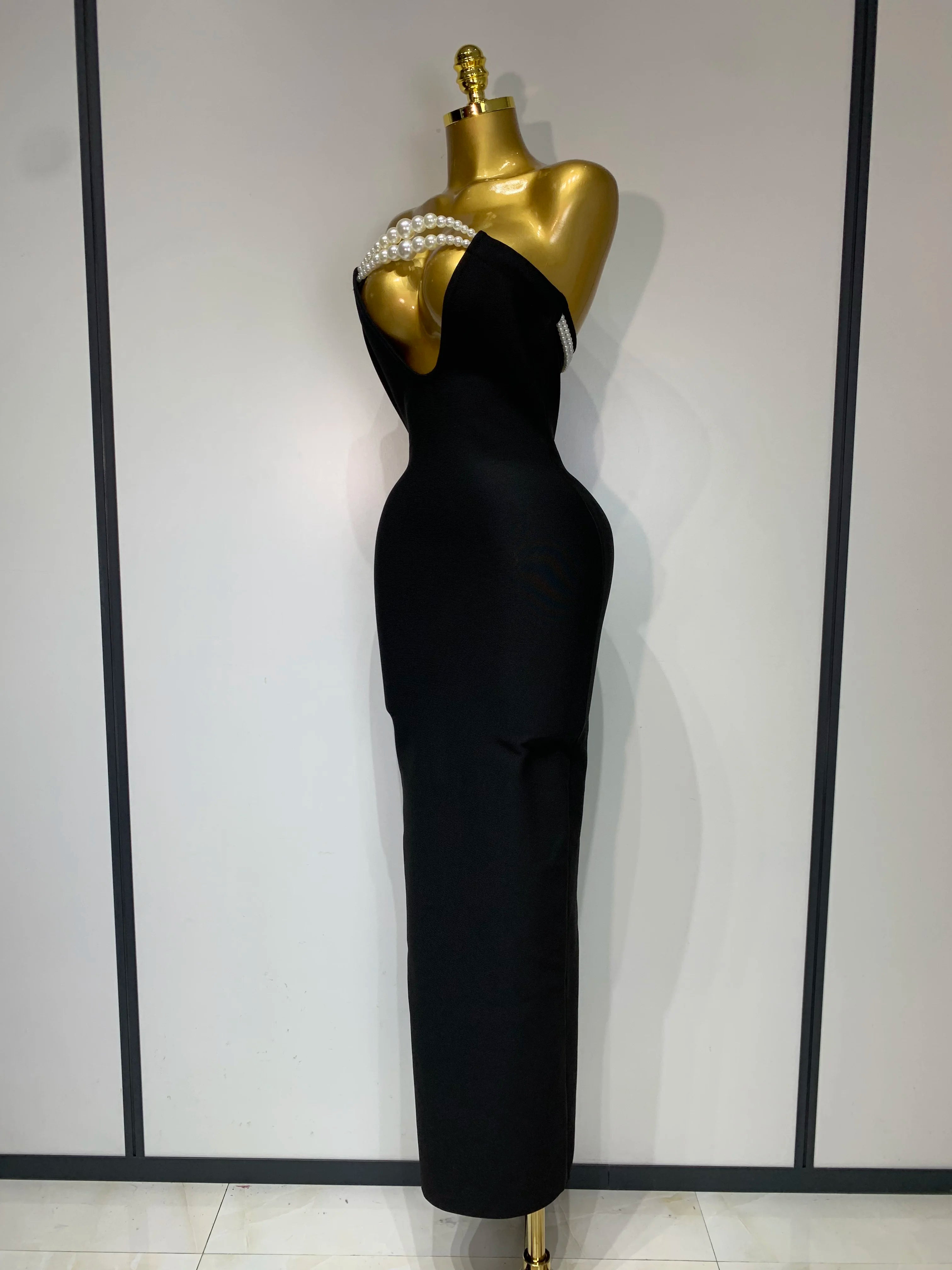 Women Sexy Backless Strapless Black Beading Long Bandage Bodycon Dress 2025 Celebrity Elegant Evening Luxury Birthday Dresses