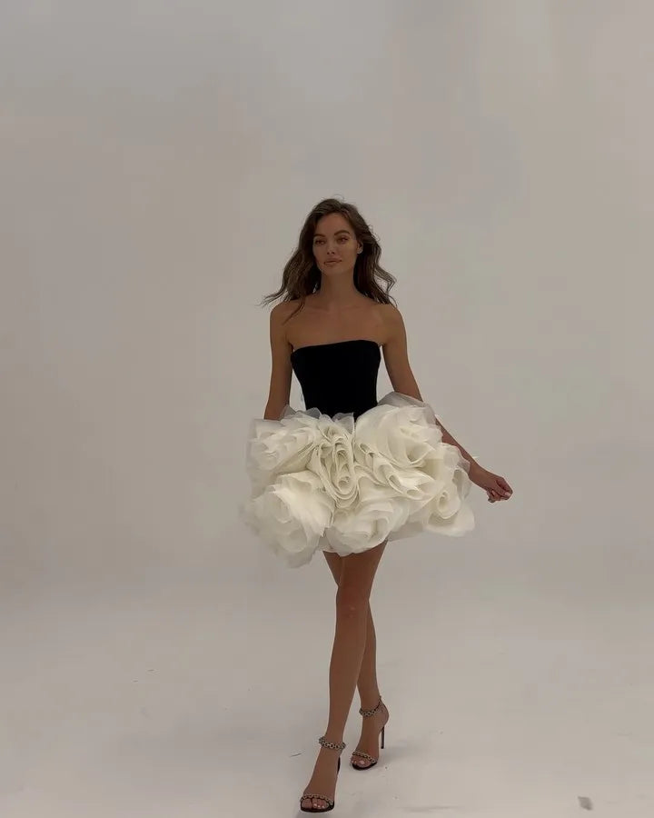 Summer Women Sexy Strapless Ball Gown Mini Cute Dress Big Florals Celebrate Birthday Party Photo Shoot Outfit