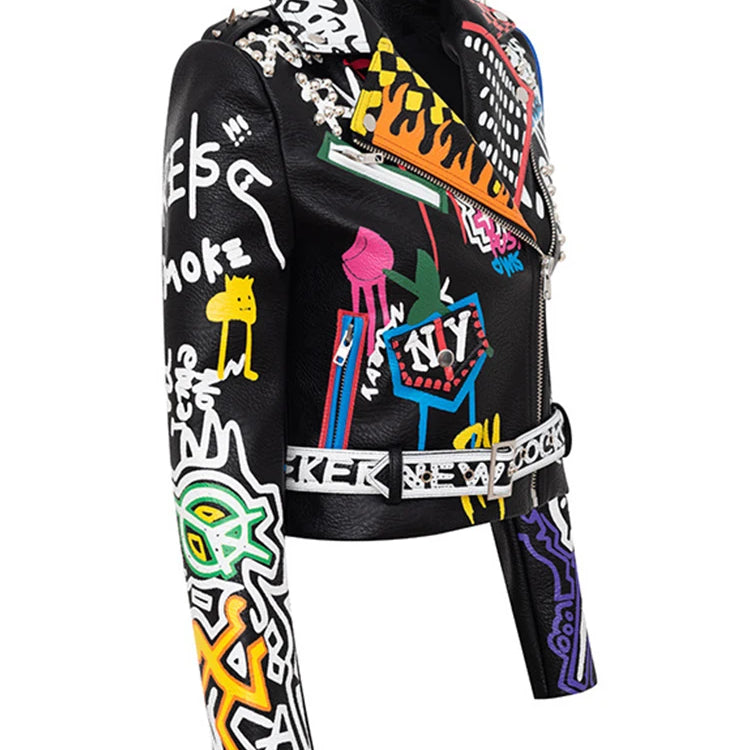 Fashion Brand Coat PU Leather Jacket Women Leopard Print Graffiti Rivets Punk Coats Slim Locomotive Cropped Jacket Leather Top