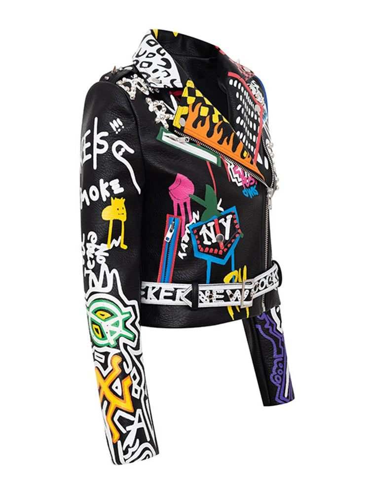 Fashion Brand Coat PU Leather Jacket Women Leopard Print Graffiti Rivets Punk Coats Slim Locomotive Cropped Jacket Leather Top