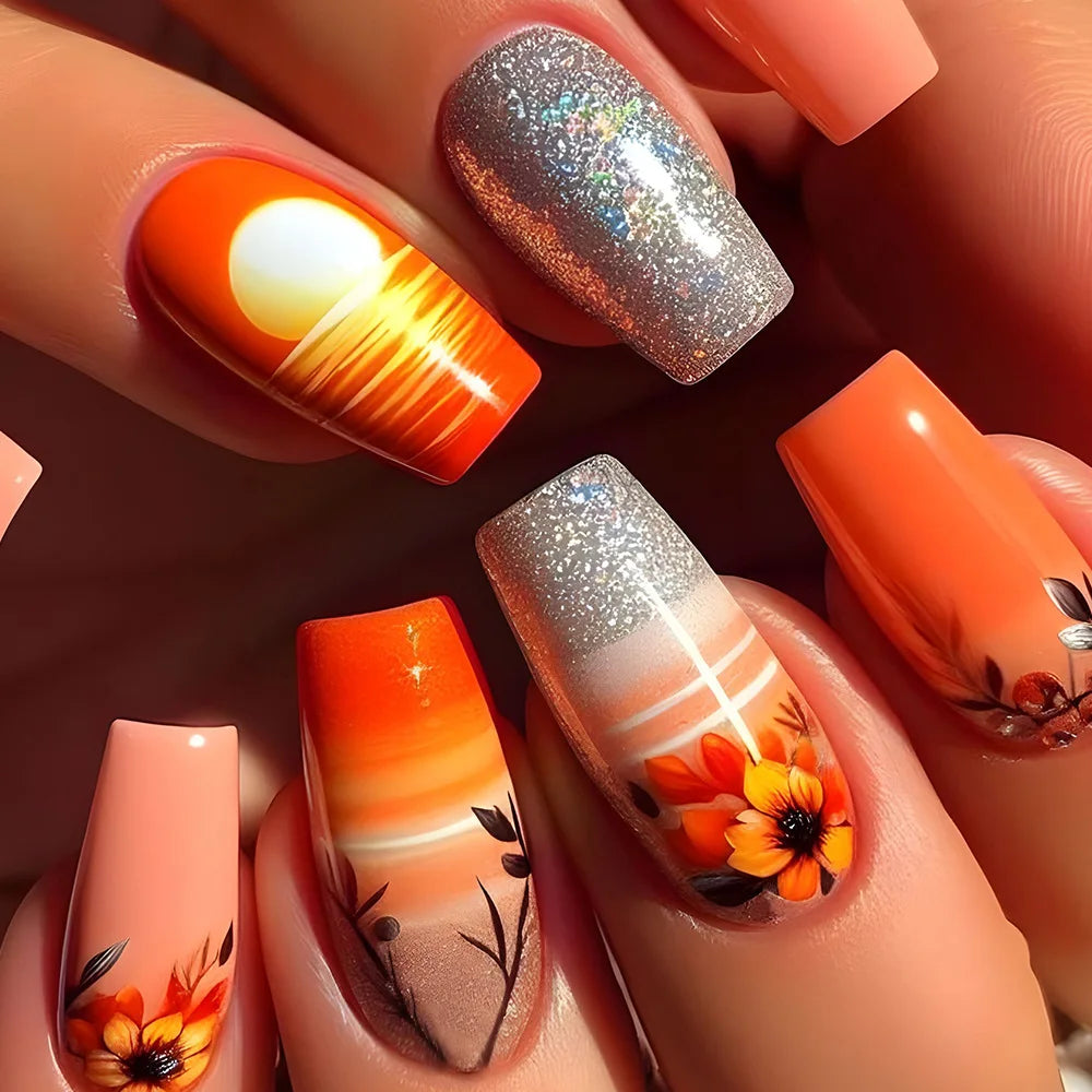 24 peças de unhas postiças coloridas de borboleta, comprimento médio, prensa de balé em unhas acrílicas, moda manicure longa, pontas de unhas postiças quadradas vestíveis