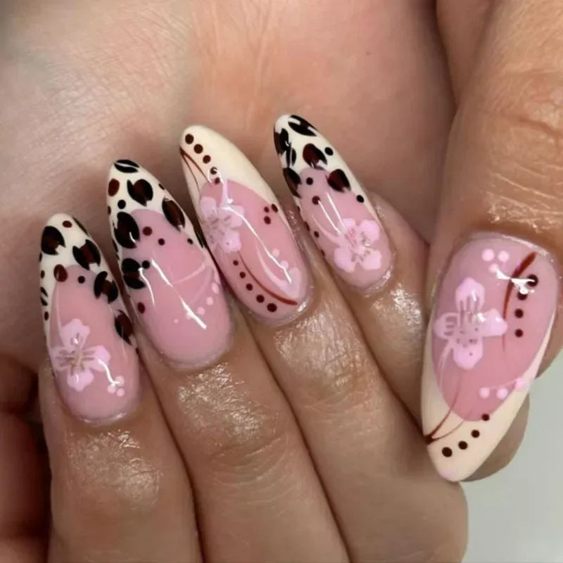 24pcs Leopard Print Almond Fake Press on Nails with Mini Flower Acrylic Fake Nails Retro Sweet Cool Design Press Ons French Nail