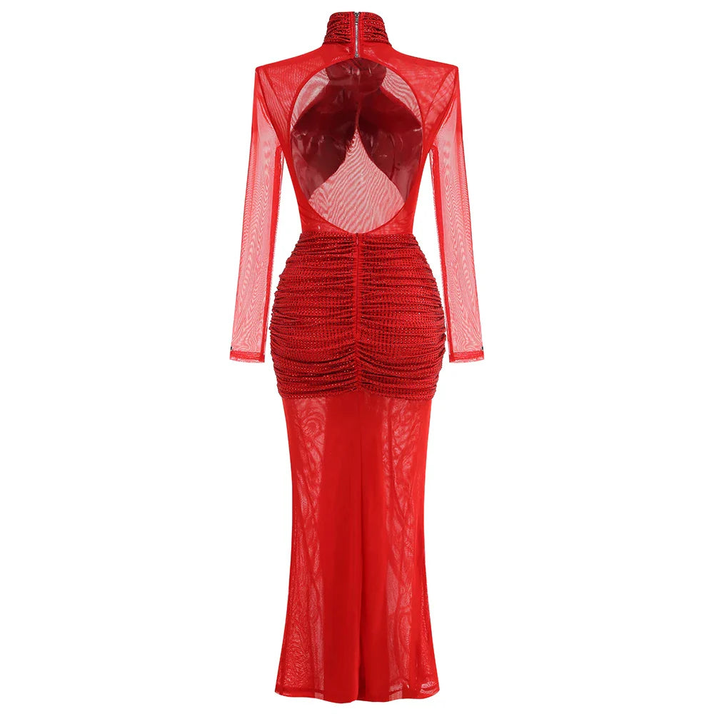 Red Color Women Long Sleeve Shinning Rhinestones Mesh Bodycon Long Dress Fashion Nightclub Party Celebrate Outfit Vestido