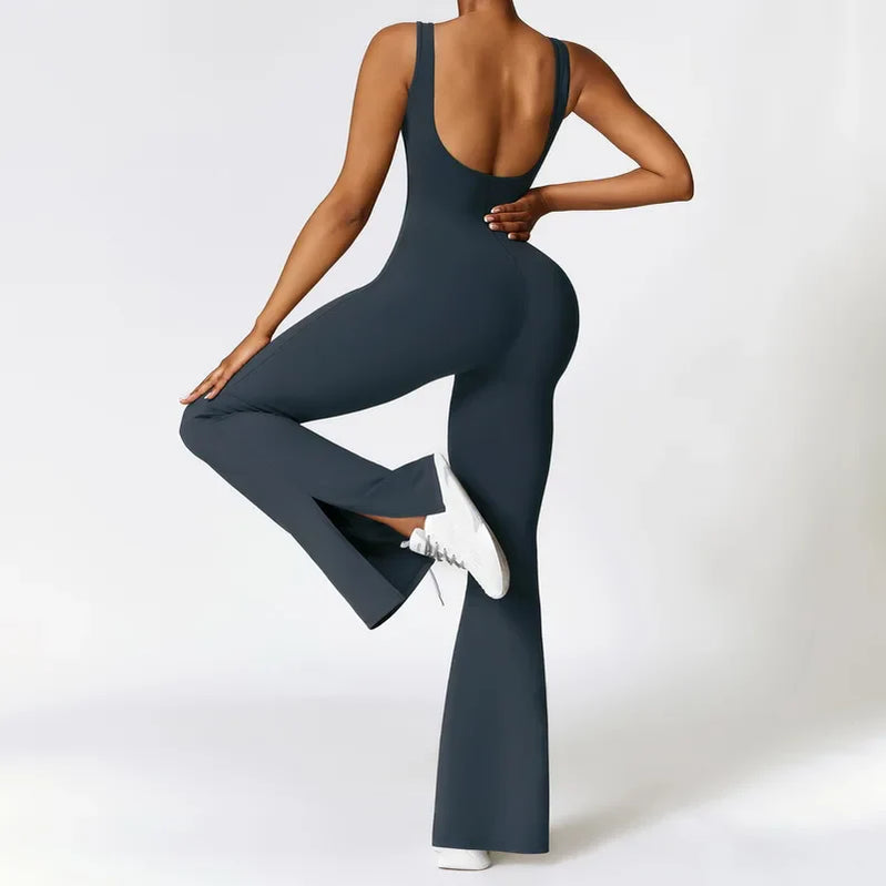 Woman Gym Outfits Fashion Seamless Sporty Jumpsuit With Flare Pants One Piece Yoga Dance Jumpsuit Female Fitness Sport Overalls 1-Navy Blue
