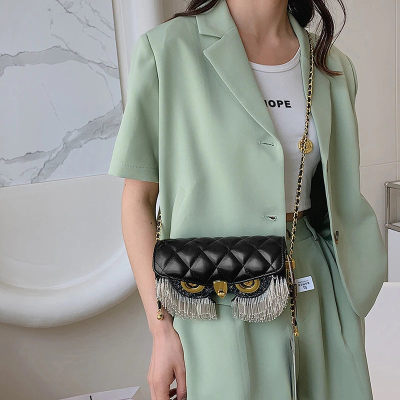 Women's Bag Fashion Owl Purses and Handbags Chain One Shoulder Messenger Bag Luxury Designer Tassel Bags for Women