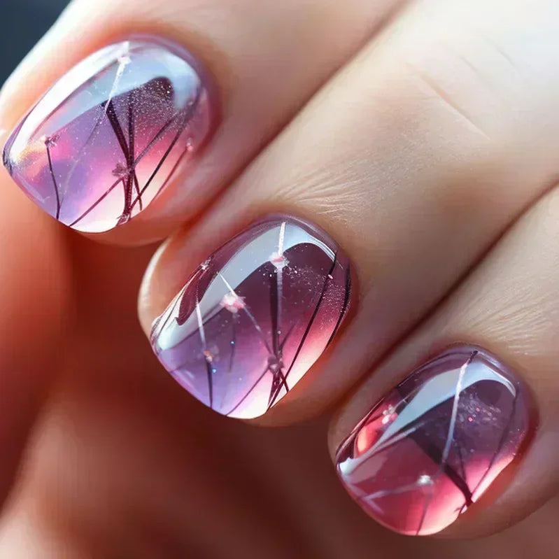 24Pcs Fashion Fake Nails Press on Short Square Head False Nail Art Black Starlit Sky Design Artifical Full Cover Nail Tips