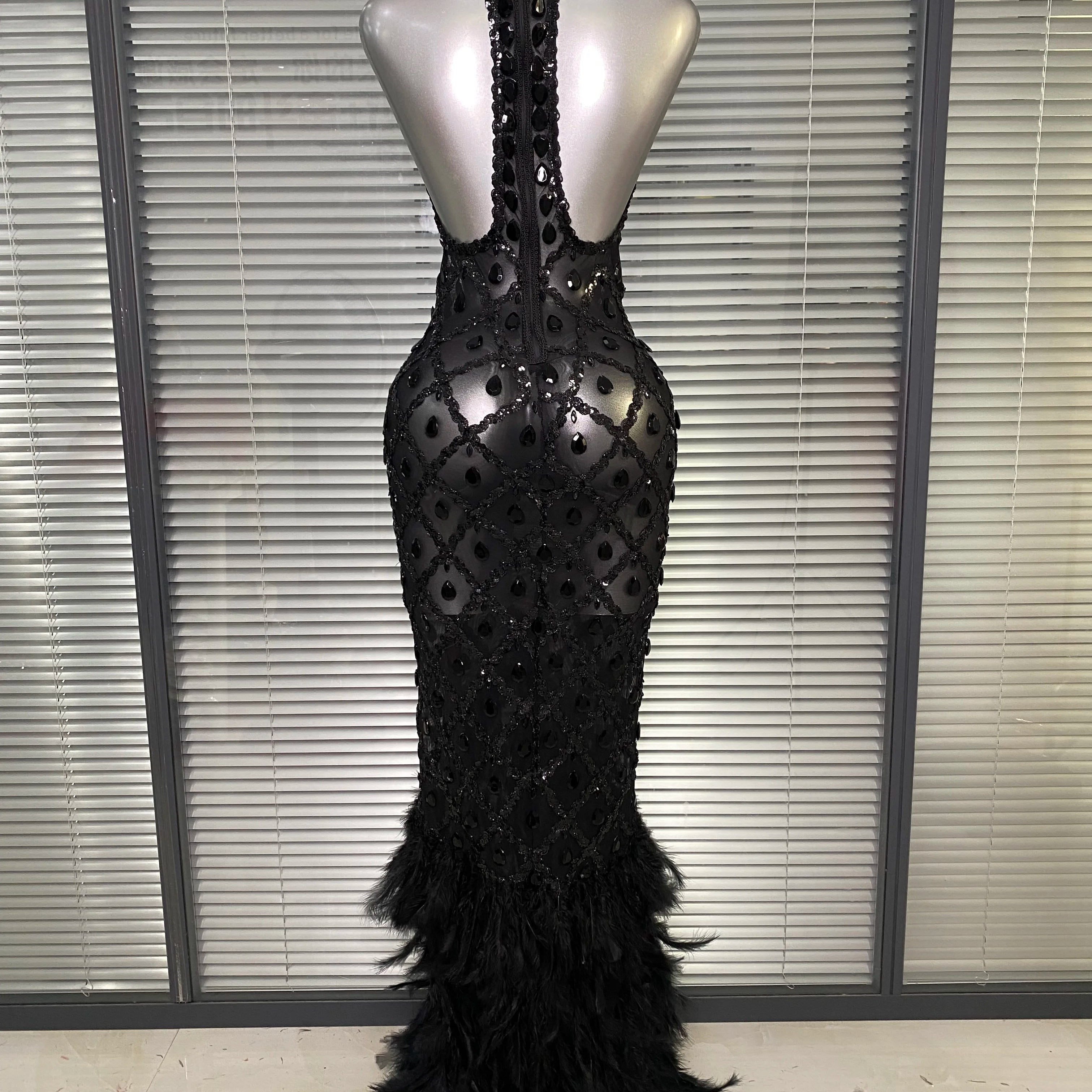 New Women Sexy Black Red Feathers Crystal Diamonds Maxi Dress Birthday Party Costume Elegant Singer Stage Performance Dress