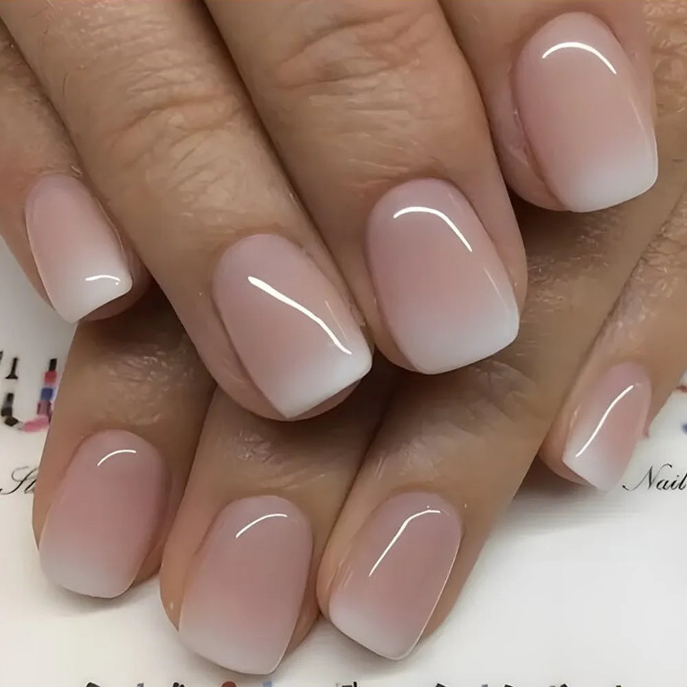 24Pcs Nude Pink Short Fake Nails Gradient Press on Nail Set Short Square Head Simple Manicure Tips Wearable Full Cover Fake Nail