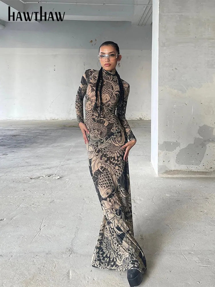 Women Autumn Winter Long Sleeve Mesh See Through Streetwear Bodycon Long Dress