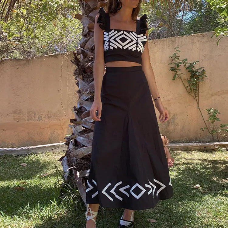 Fashion Sleeveless Short Top Skirt Set For Women Slim High Waisted Pattern Female Skirts Suit Casual Beach Holidays Prom Gowns