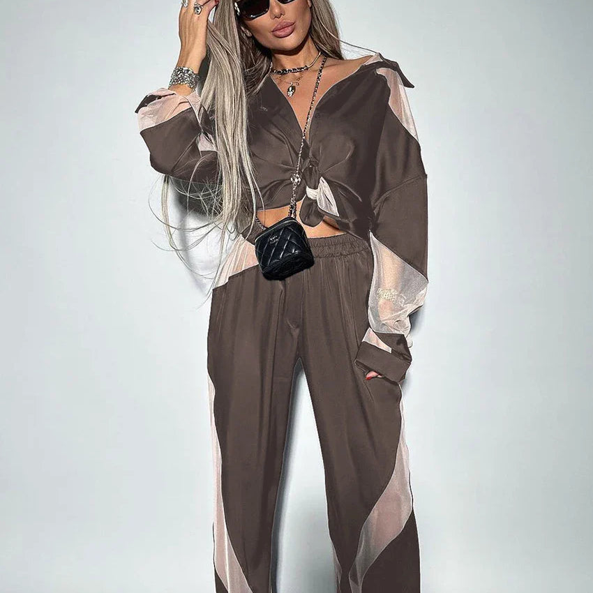 Clacive Elegant Women'S Sets Fashion Loose Spliced High Waist Pants Set Casual Long Sleeve Shirts 2 Piece Sets Women Outfit 2023 Brown