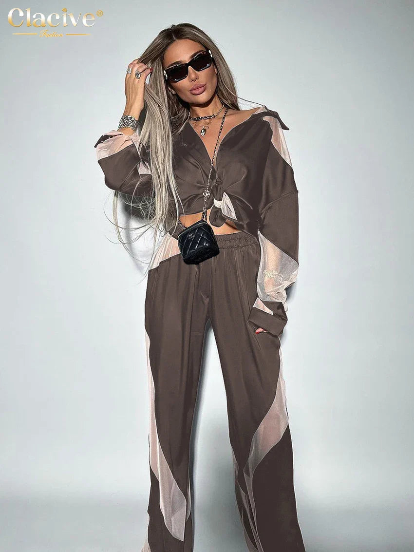 Clacive Elegant Women'S Sets Fashion Loose Spliced High Waist Pants Set Casual Long Sleeve Shirts 2 Piece Sets Women Outfit 2023 Brown
