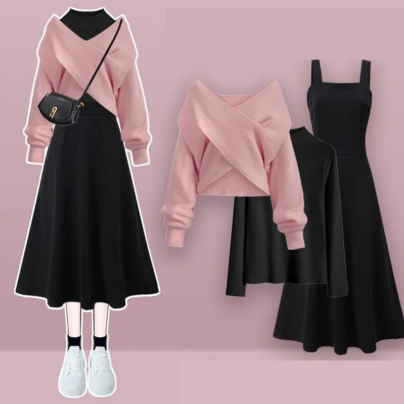 Autumn/Winter New Korean Elegant Matching Set Women's Fashion Cross Knit Sweater+Bottom Shirt+Strap Dress Three Piece Suit Set 04