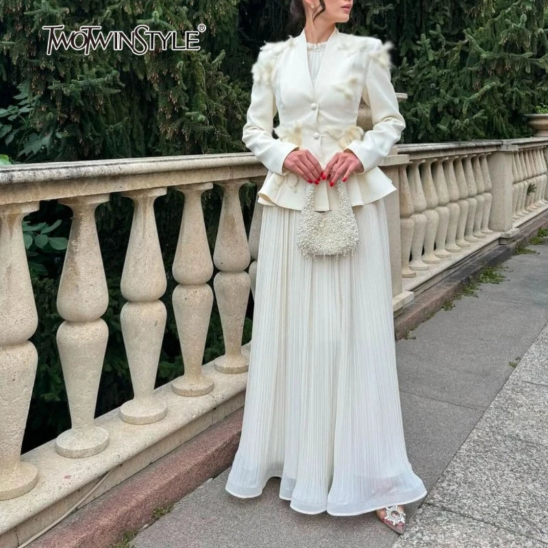 TWOTWINSTYLE Solid Two Piece Sets for Women V Neck Ling Sleeves Spliced Applique Top High Waist Patchwork Folds Skirt Set Female