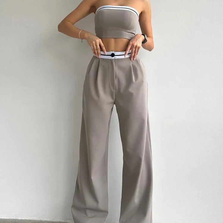Black Women's Tracksuit with Boob Tube Top Slash Neck Contrast Color Wide Leg Trousers Suit for Women Sexy Two Piece Set Outfit