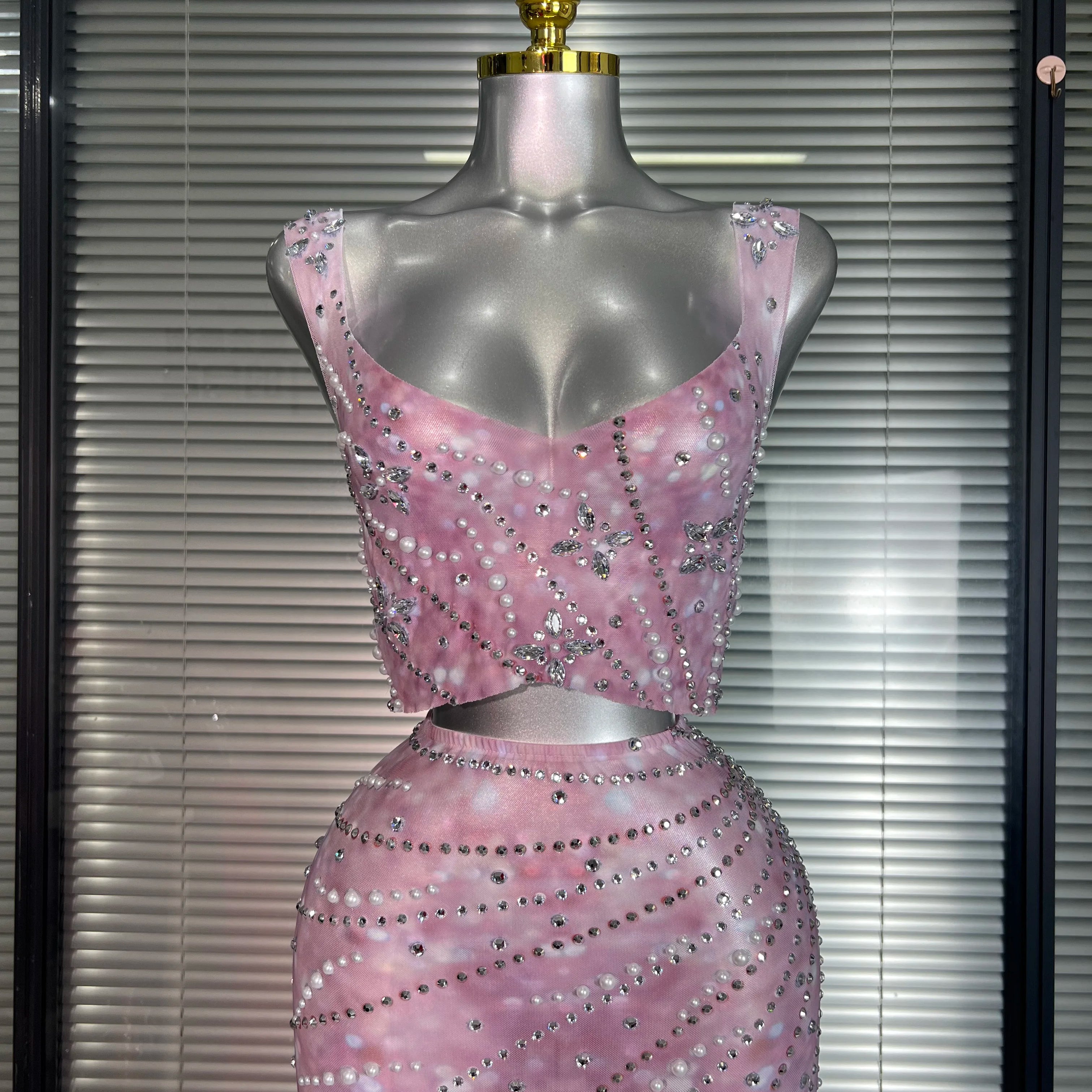 New Sexy Pink Two Pieces Set Women Celebrity Crystal Night Club Skirt Suits Singer Dancer Stretched Printed Stage Costume