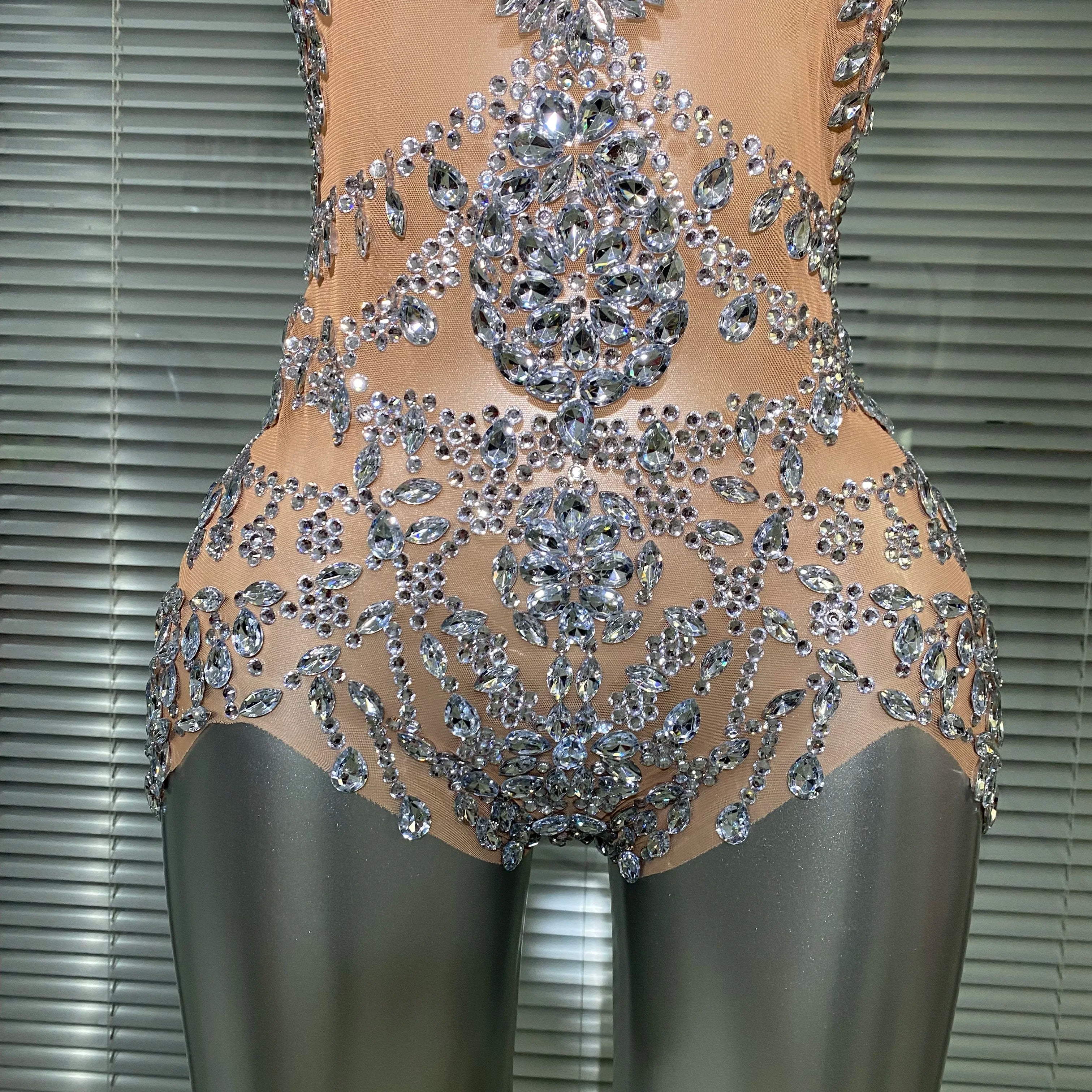 Celebrity New Women Sexy Skin See Through Sheer Diamonds Stretchy Night Club Singer Dancer Stage Costume Party Bodysuit
