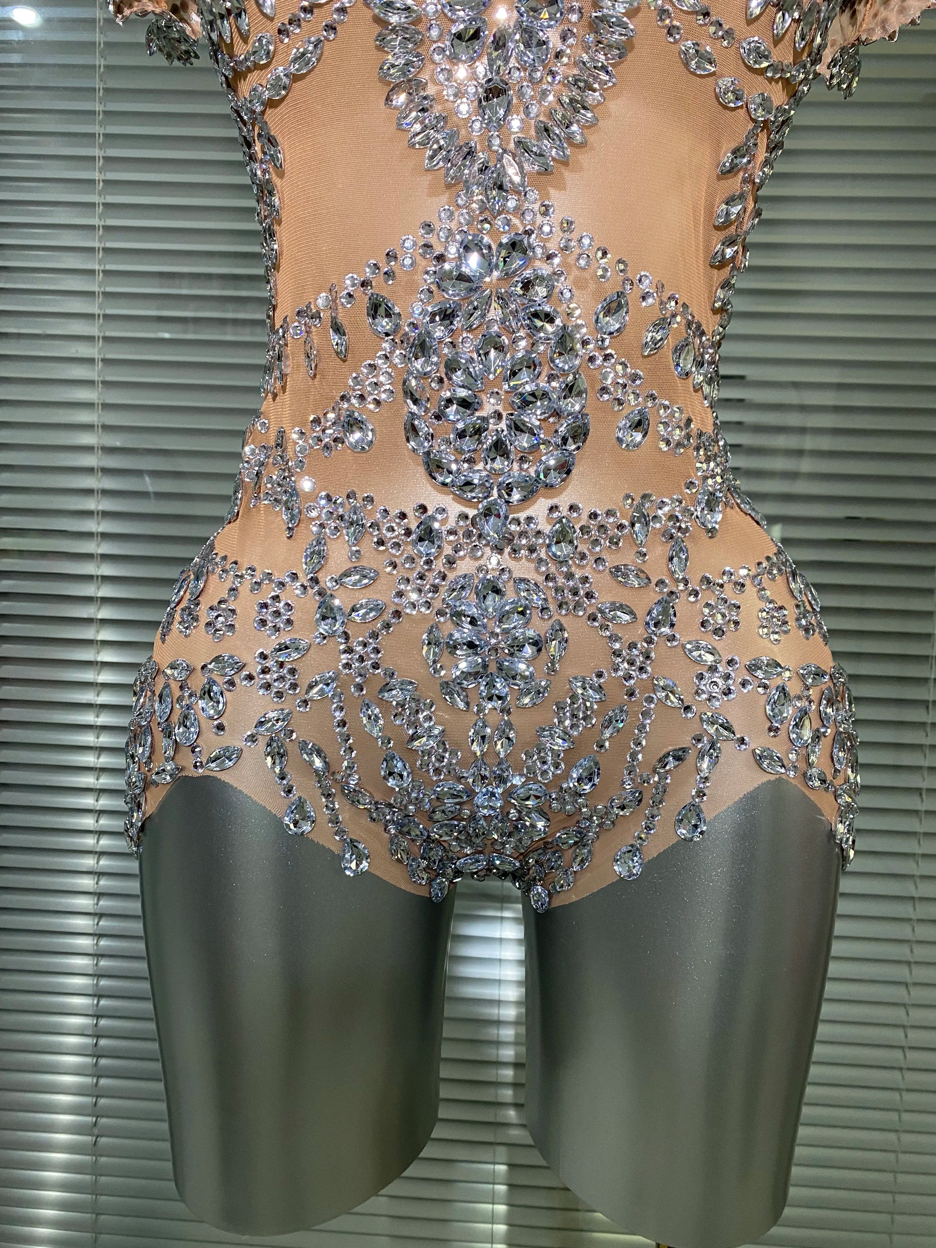 Celebrity New Women Sexy Skin See Through Sheer Diamonds Stretchy Night Club Singer Dancer Stage Costume Party Bodysuit