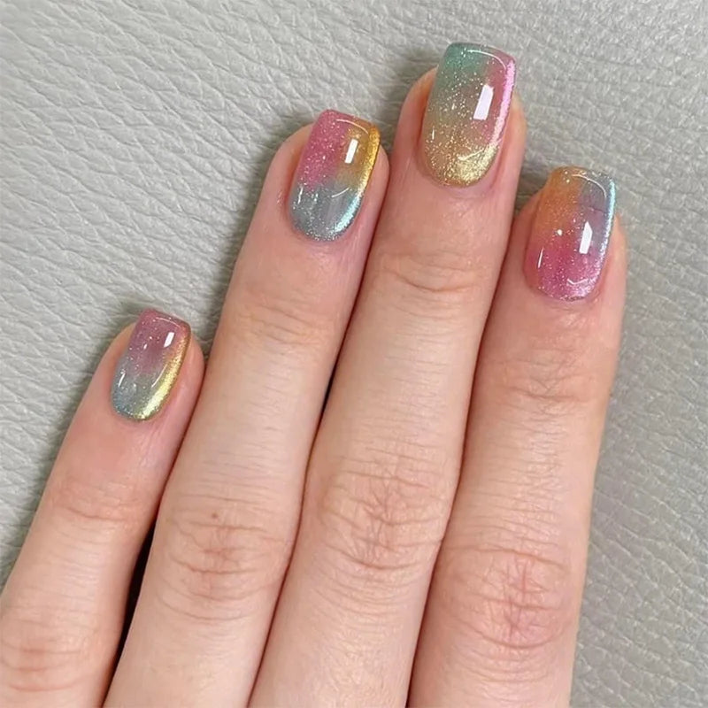 24Pcs Gradient Color Fake Nail Simple Short Ballet Wearable False Nails with Cat Eye Design Press on Nails Full Cover Nail Tips