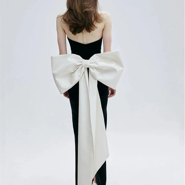 Vestido longo de bandagem colado ao corpo, sexy, sem alças, com gravata borboleta, patchwork, preto, longo, 2025, elegante, para festa à noite