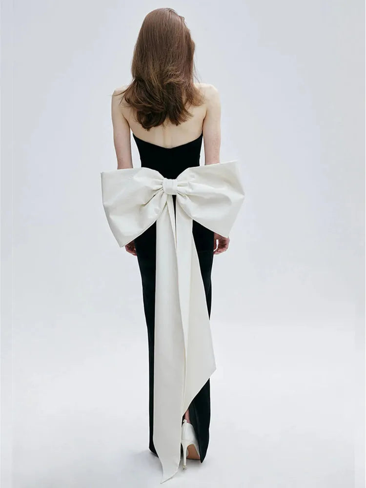 Vestido longo de bandagem colado ao corpo, sexy, sem alças, com gravata borboleta, patchwork, preto, longo, 2025, elegante, para festa à noite