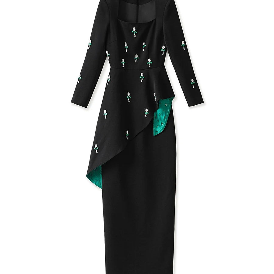 TWOTWINSTYLE Colorblock Spliced Bead Luxurious Two Piece Sets for Women Square Neck Long Sleeves Top High Waist Skirt Set Female