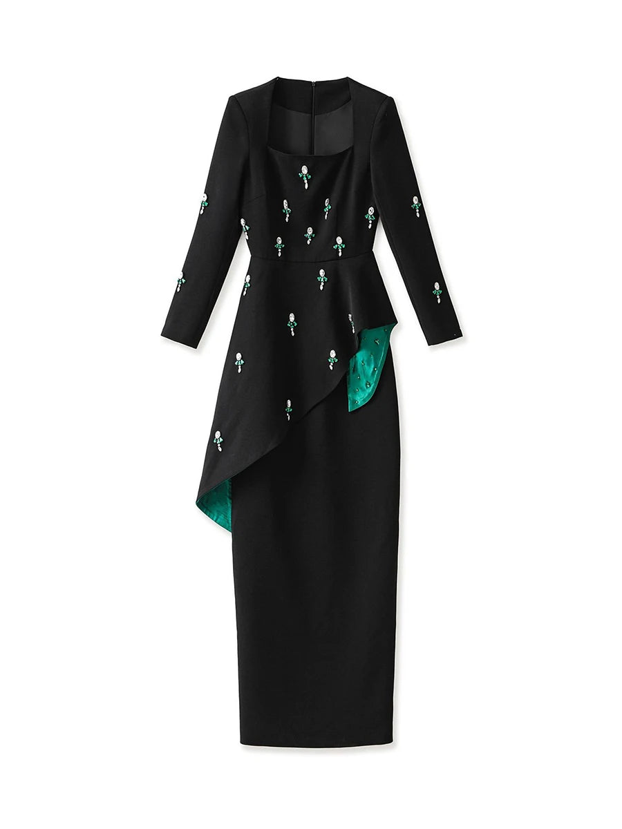 TWOTWINSTYLE Colorblock Spliced Bead Luxurious Two Piece Sets for Women Square Neck Long Sleeves Top High Waist Skirt Set Female