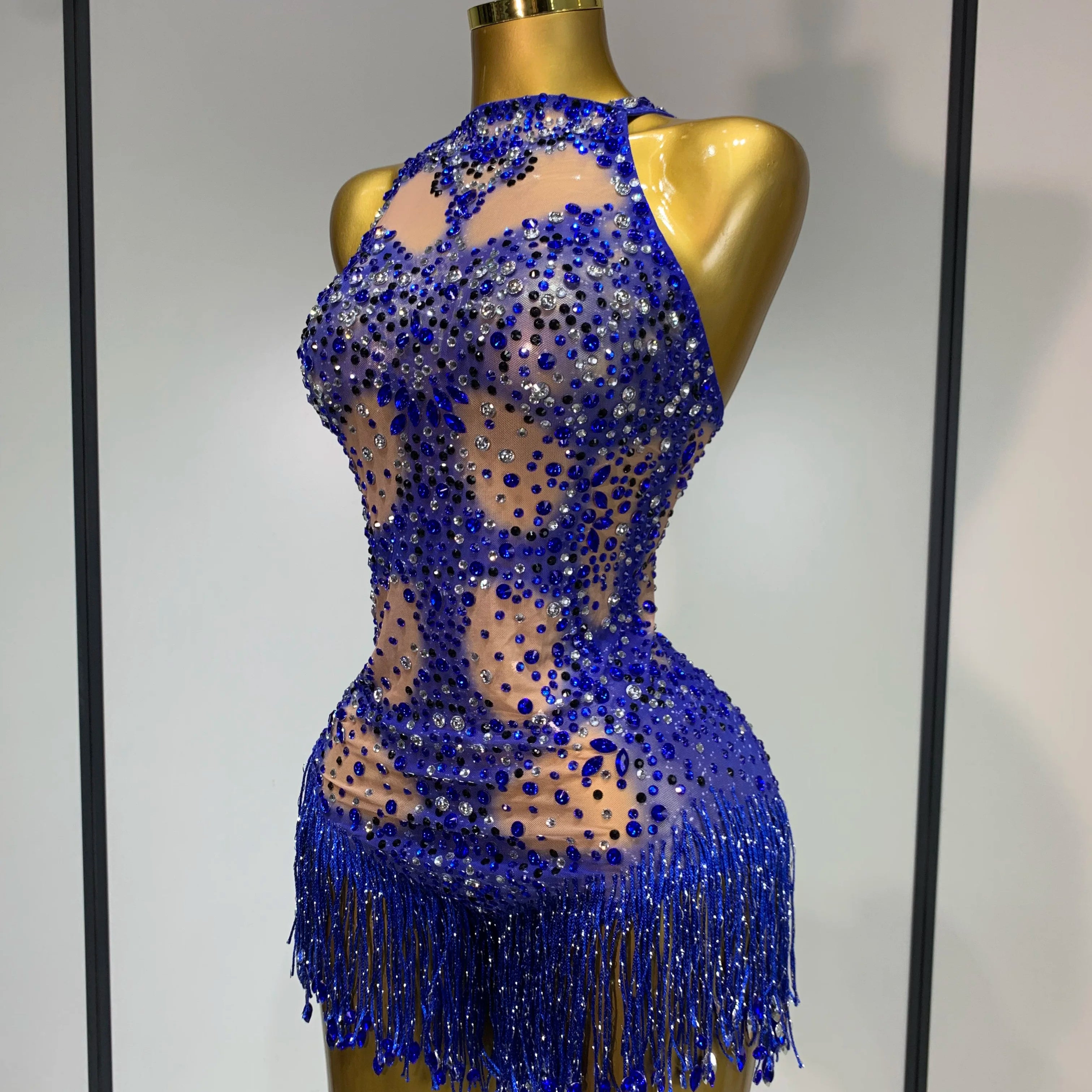 Women Sexy Backless blue Rhinestone Tassel Bodysuit Evening Party Club Singer Stage Performance Costume Luxury Birthday Dress