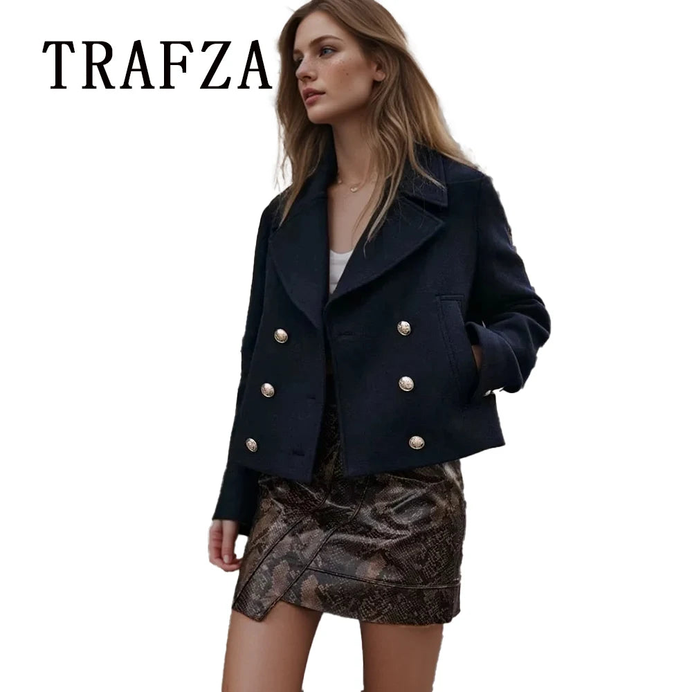 Autumn Winter Women Casual Double Breasted Jackets Fashion Office Lady Loose Solid Elegant Demi-season Short Jackets
