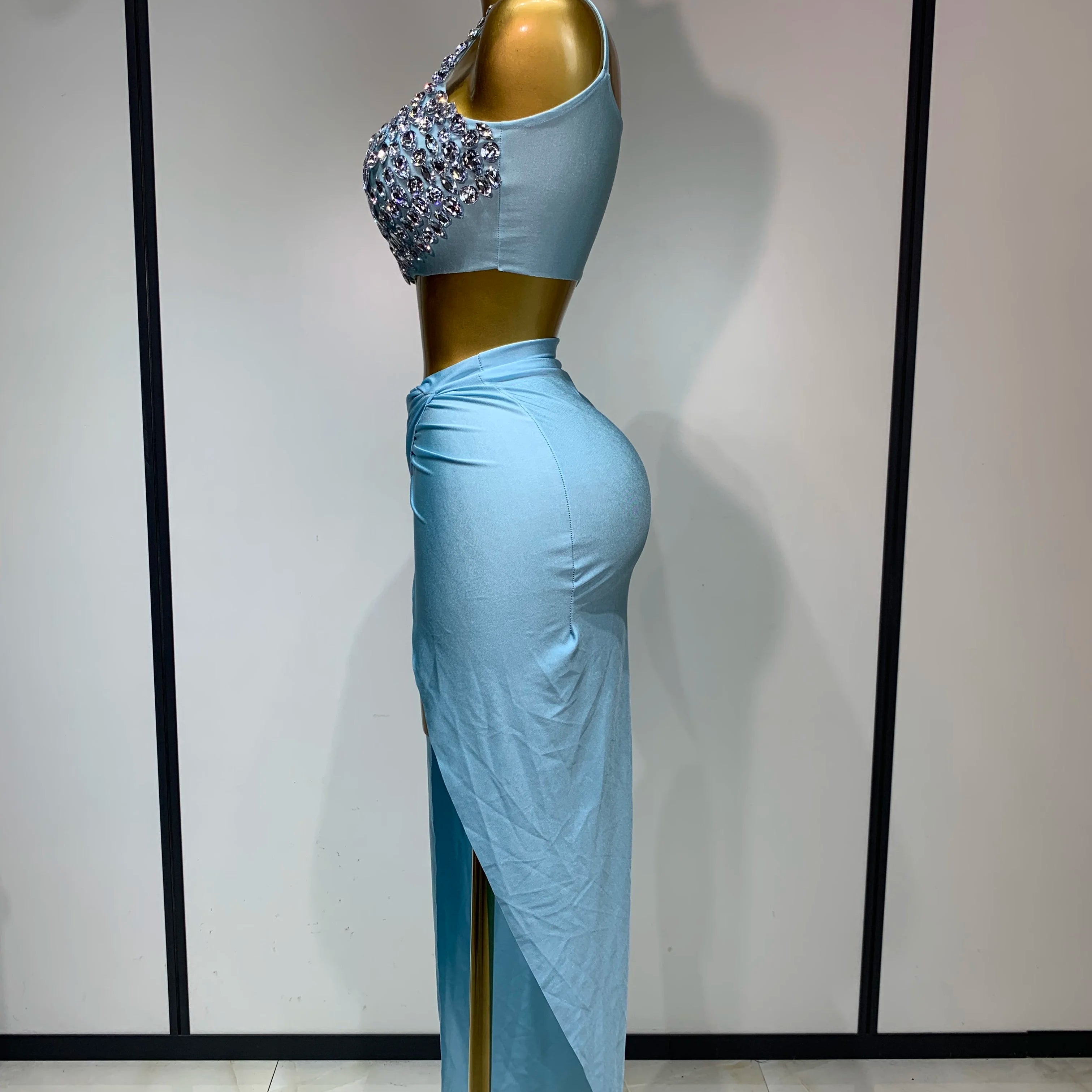 Women Sexy Stretched Crystal Diamonds Two Pieces Set Nightclub Singer Dancer Sparkly Stage Costume Evening Party Birthday Gowns