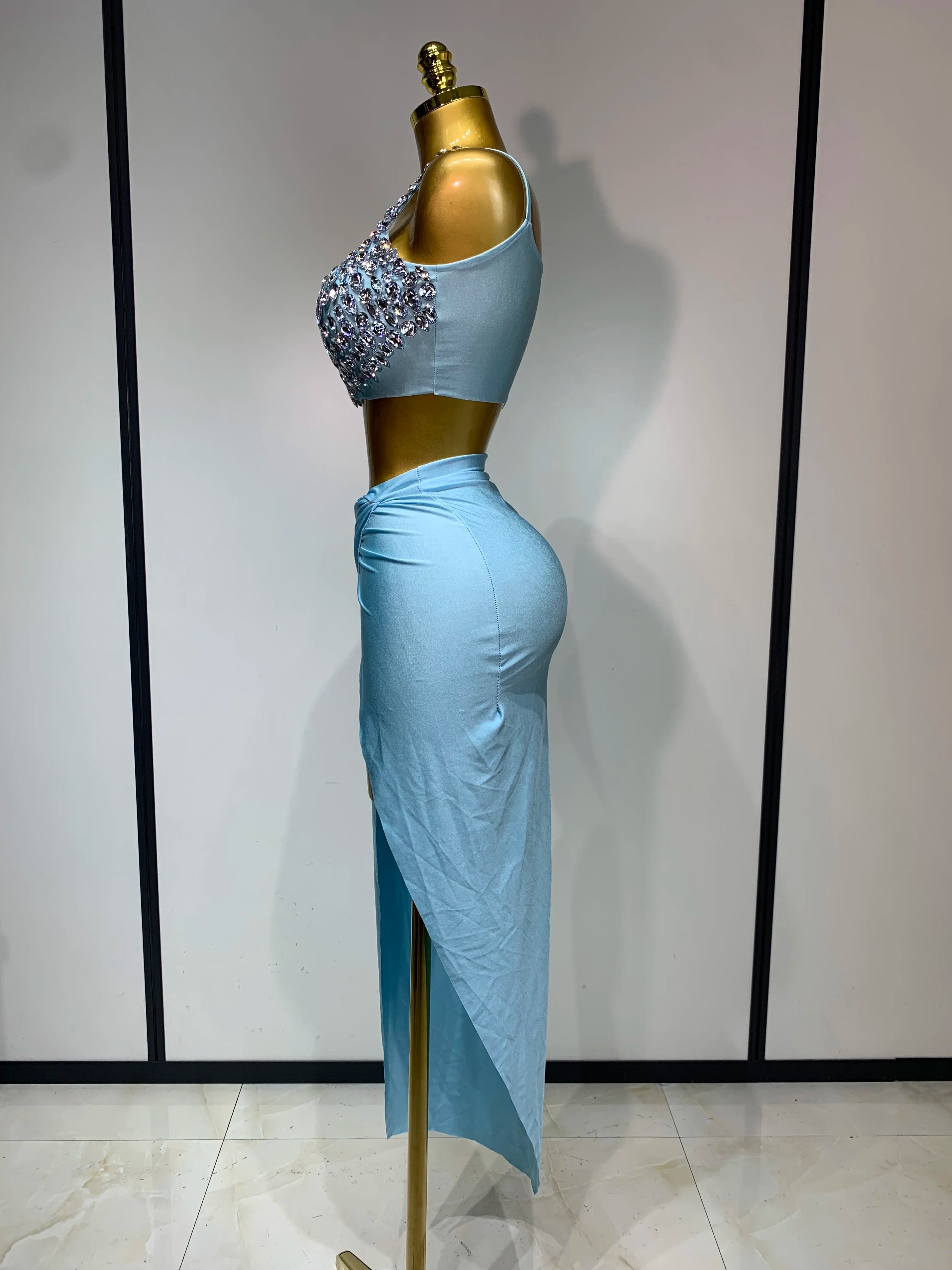 Women Sexy Stretched Crystal Diamonds Two Pieces Set Nightclub Singer Dancer Sparkly Stage Costume Evening Party Birthday Gowns