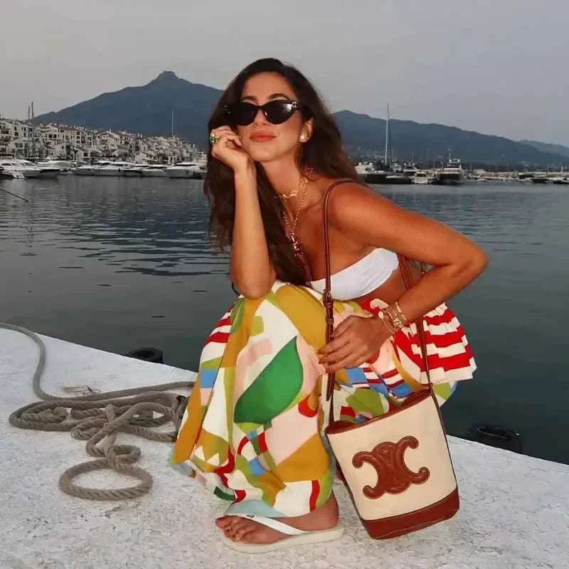 TRAF Print Skirts Women Summer Midi Skirt Ruffle Dress Elastic Waist Skirts Luxury Elegant Women's Skirts Aesthetic Skirts