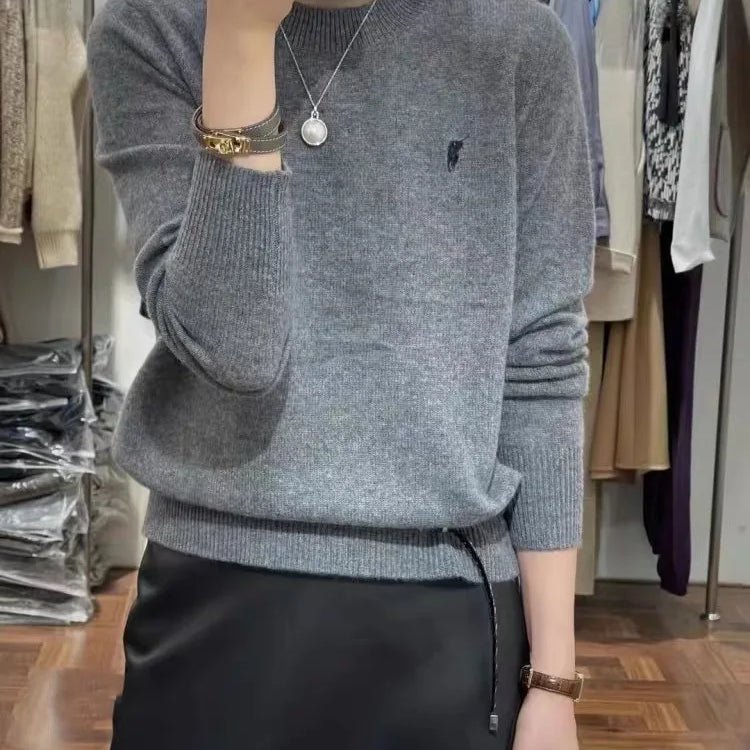 Women's Fashion Spring and Autumn Cashmere Embroidered Pullover O-neck New Soft and Comfortable Casual Long Sleeve Embroide grey